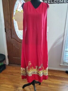 Desert Jems Safari Border Print Maxi Dress Hot Pink Tie Shoulder Rayon Size L